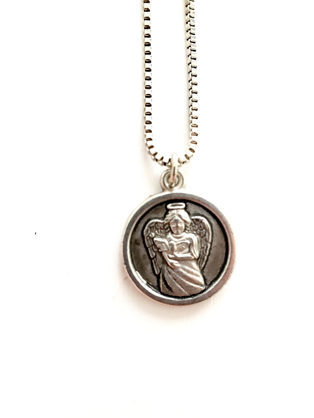 Guardian Angel Round Pendant Necklace - Silver